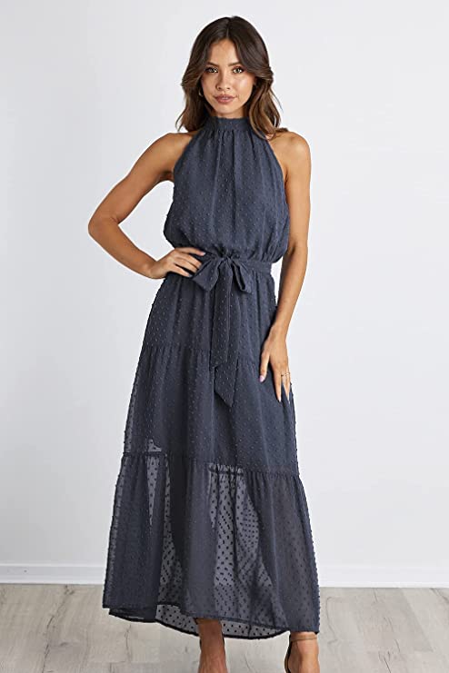 Purple Grey Women's Casual Halter Neck Sleeveless Floral Long Maxi Dress Backless Loose Ruffle Sundress with Belt - PRETTYGARDEN | Women's Formal Dresses