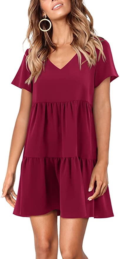 Burgundy Short Sleeve Women Summer Tunic Dress V Neck Casual Loose Flowy Swing Shift Dresses - Amoretu | Women's Casual Dresses