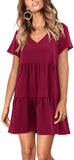 Burgundy Short Sleeve Women Summer Tunic Dress V Neck Casual Loose Flowy Swing Shift Dresses - Amoretu | Women's Casual Dresses