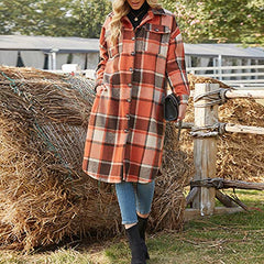 Orange Ladies Casual Wool Blend Long Plaid Shirt Jacket Button Down Pocketed Shirt Shacket - Ainangua Womens Fall Fashion | Women's Coat & Jacket