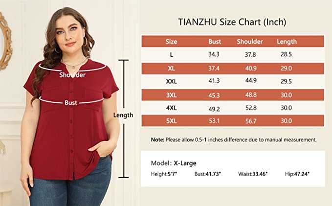 Navy Blue Short Sleeve Women's Plus Size Short Sleeve Shirt Button Down V Neck Tops Casual Blouses with Procket - TIANZHU | Women's Tops and Blouses