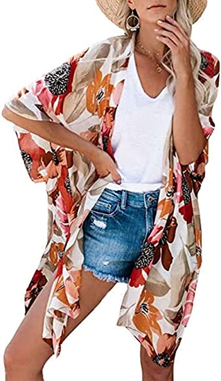 Sandy Apricot Women's Floral Print Puff Sleeve Kimono Cardigan Loose Cover Up Casual Blouse Tops - Chicgal | Women's Cardigan