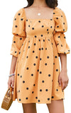 Polka Dot Yellow Womens Square Neck Dress Long Puff Sleeve A-Line Casual Short Mini Dress - Exlura | Women's Casual Dresses