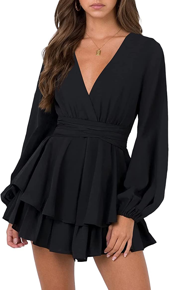 Black Sleeve Womens Sexy V Neck Long Baggy Sleeve Tie Waist Ruffle Hem Flowy Swing Mini Short Wrap Dress - Nova In Sky | Women's Casual Dresses