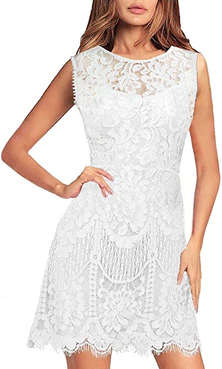 White Sleeveless Women's Elegant Round Neck V-Back Wedding Guest Floral Lace Cocktail Party A Line Dress - MSLG | Women's Cocktail Dresses