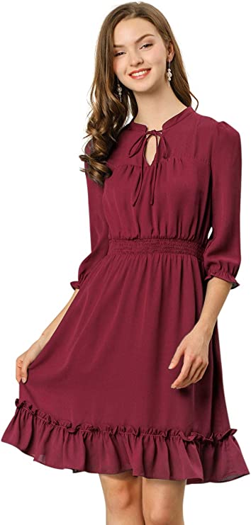 Burgundy Ruffle Dress, Hem 3/4 Sleeve Smocked A-Line Short Chiffon Dress - Allegra K | Women's Casual Dresses
