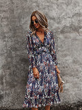 Womens Fall Spring Summer Sexy V Neck Ruffle Long Sleeve Short Sleeve Floral Print A Line Long Madi Dress