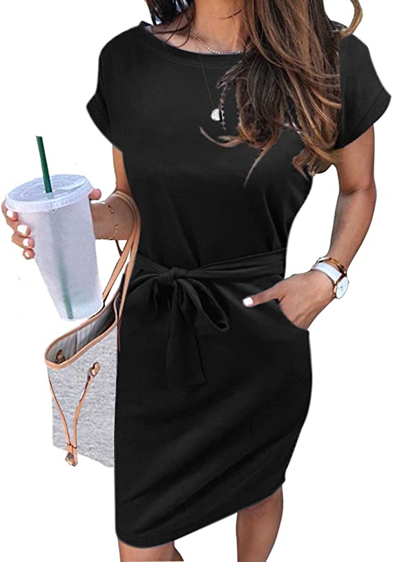 Solid Black Women's Summer Striped Short Sleeve T Shirt Dress Casual Tie Waist Midi Dress - MEROKEETY | Women's Casual Dresses