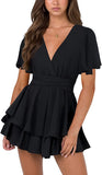 Black Womens Sexy V Neck Long Baggy Sleeve Tie Waist Ruffle Hem Flowy Swing Mini Short Wrap Dress - Nova In Sky | Women's Casual Dresses