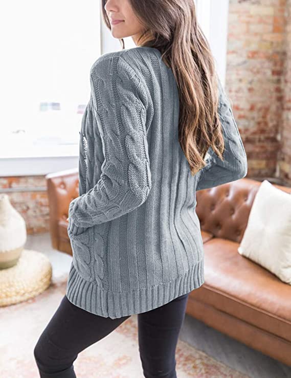 Orange Women's Long Sleeve Cable Knit Sweater Open Front Cardigan Button Loose Outerwear - MEROKEETY | Women's Cardigan
