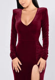 Red V Neck Velvet Dress For Women Long Sleeve Ruched Bodycon Side Slit Party Cocktail Dress 90s Retro Maxi Dress - Kafiloe | Women's Cocktail Dresses