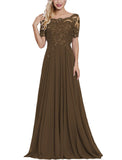 Brown Women's Long Mother of The Bride Dresses with Sleeves Bateau Neck Beaded Chiffon Maxi Lace Formal Evening Gowns - Lover Kiss | Women's Formal Dresses