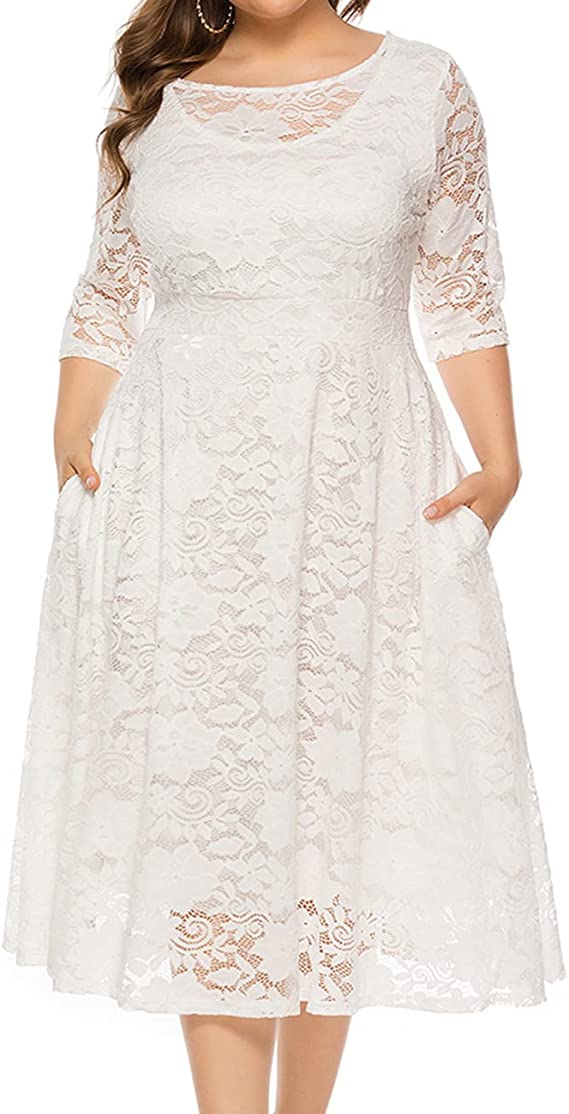 White Plus Size Women Plus Size Floral Lace Sleeve Party Wedding Cocktail Swing Midi Dress with Pockets - Lrady | Women's Cocktail Dresses