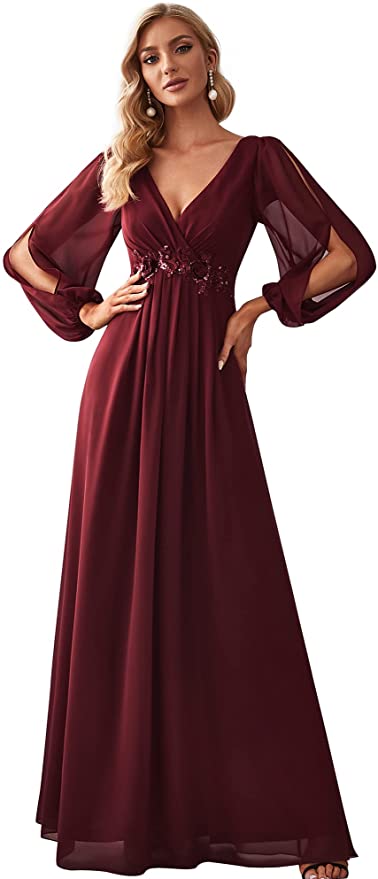 Lace 3/4 Sleeves V-neck Chiffon Long Dress Burgundy main image 1