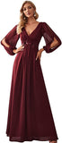 Burgundy Women's A-line Long Sleeve V-Neck Chiffon Mother of The Bride Dress - Ever-Pretty