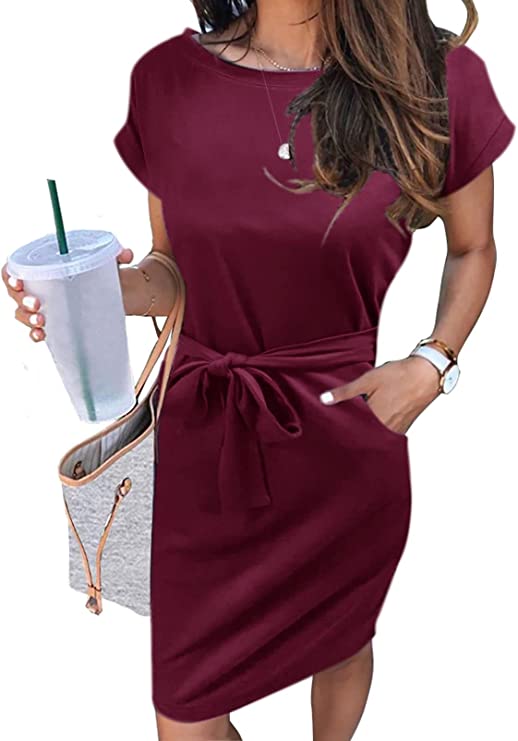 Solid Wine Women's Summer Striped Short Sleeve T Shirt Dress Casual Tie Waist Midi Dress - MEROKEETY | Women's Casual Dresses