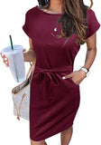Solid Wine Women's Summer Striped Short Sleeve T Shirt Dress Casual Tie Waist Midi Dress - MEROKEETY | Women's Casual Dresses