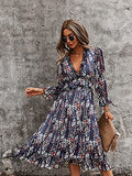 Womens Fall Spring Summer Sexy V Neck Ruffle Long Sleeve Short Sleeve Floral Print A Line Long Madi Dress