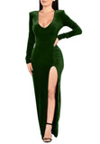 Green V Neck Velvet Dress For Women Long Sleeve Ruched Bodycon Side Slit Party Cocktail Dress 90s Retro Maxi Dress - Kafiloe | Women's Cocktail Dresses