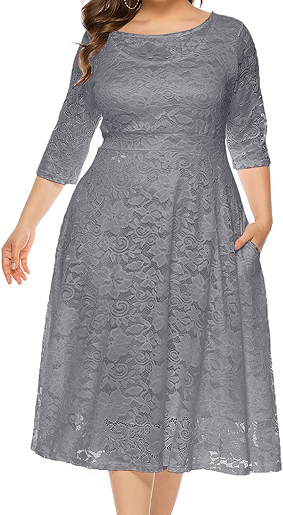 Grey Women Plus Size Floral Lace Sleeve Party Wedding Cocktail Swing Midi Dress with Pockets - Lrady | Women's Cocktail Dresses