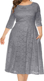 Grey Women Plus Size Floral Lace Sleeve Party Wedding Cocktail Swing Midi Dress with Pockets - Lrady | Women's Cocktail Dresses