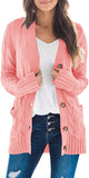 Light Pink Women's Long Sleeve Cable Knit Sweater Open Front Cardigan Button Loose Outerwear - MEROKEETY | Women's Cardigan