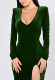Green V Neck Velvet Dress For Women Long Sleeve Ruched Bodycon Side Slit Party Cocktail Dress 90s Retro Maxi Dress - Kafiloe | Women's Cocktail Dresses
