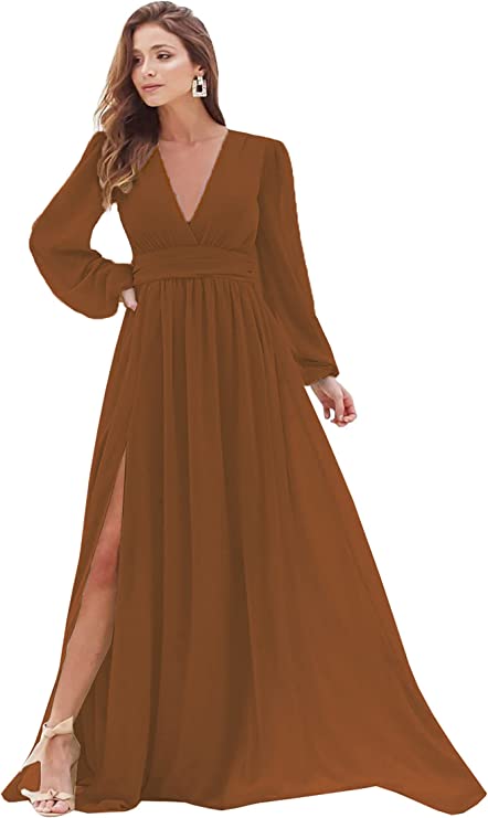 Burnt Orange Women's Bridesmaid Dresses Long Sleeve Chiffon Deep V-Neck Formal Evening Party Gowns for Women Guests with Split A-line - YnanLi Dress | Women's Formal Dresses