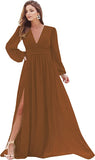 Burnt Orange Women's Bridesmaid Dresses Long Sleeve Chiffon Deep V-Neck Formal Evening Party Gowns for Women Guests with Split A-line - YnanLi Dress | Women's Formal Dresses