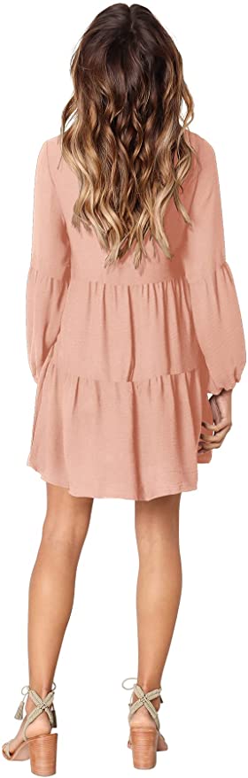 Pink Long Sleeve Women Summer Tunic Dress V Neck Casual Loose Flowy Swing Shift Dresses - Amoretu | Women's Casual Dresses