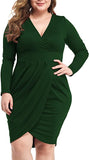 Dark Green Womens Plus Size Long Sleeves & Sleeveless Deep V Neck Bodycon Wrap Dress With Front Slit - Laolasi