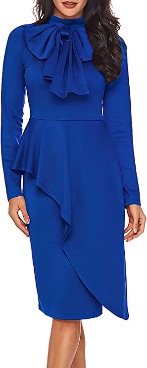 Blue Womens Tie Neck Peplum Waist Long Sleeve Bodycon Business Dress - CILKOO | Women's Cocktail Dresses