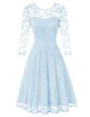 Lighter Blue Ladies Vintage Floral Cocktail Party Wedding Guest A Line Lace Dresses - JASAMBAC