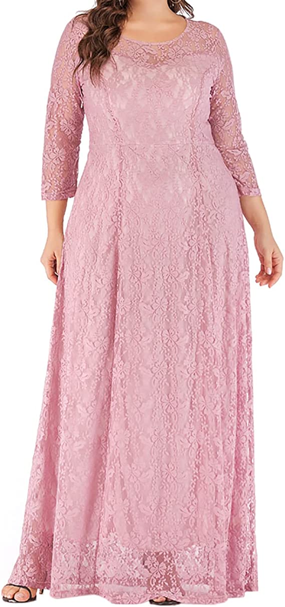 Pink Women Plus Size Floral Lace Sleeve Party Wedding Cocktail Swing Midi Dress with Pockets - Lrady | Women's Cocktail Dresses