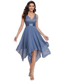 Denim Blue Ladies Sleeveless V Neck Empire Waist A Line Lace Chiffon Knee Length Prom Evening Dresses - Ever-Pretty