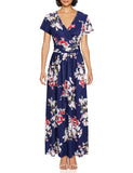 Blue White Red Ladies Summer Casual V Neck Short Long Sleeve Floral Pattern Wrap Ladies Maxi Long Dress with Pockets - OUGES | Women's Evening Gowns