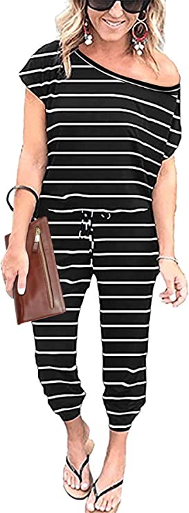 Stripe-black Women's Loose Solid Off Shoulder Elastic Waist Stretchy Long Romper Jumpsuit - PRETTYGARDEN | Women's Romper & Jumper Suit