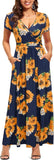 Blue Sunflower Ladies Summer Casual V Neck Short Long Sleeve Floral Pattern Wrap Ladies Maxi Long Dress with Pockets - OUGES | Women's Evening Gowns