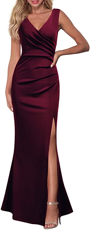 Burgundy Women Sleeveless V Neck Split Evening Cocktail Long Dress - Woosea | Women's Formal Dresses