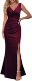 Burgundy Women Sleeveless V Neck Split Evening Cocktail Long Dress - Woosea | Women's Formal Dresses