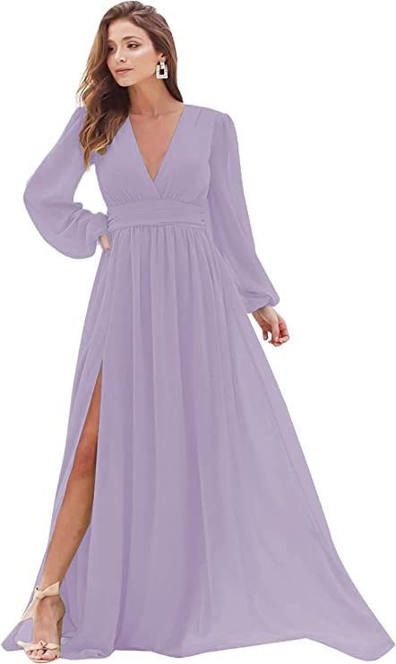 Lilac Women s Bridesmaid Dresses Long Sleeve Chiffon Deep V Neck Forma Original Brand