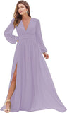 Lilac Women's Bridesmaid Dresses Long Sleeve Chiffon Deep V-Neck Formal Evening Party Gowns for Women Guests with Split A-line - YnanLi Dress | Women's Formal Dresses