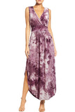 Plum Floral Women Sleeveless Deep V Neck Pocket Loose Long Dress Split Maxi Casual Dresses - WOOSEA | Women's Cocktail Dresses