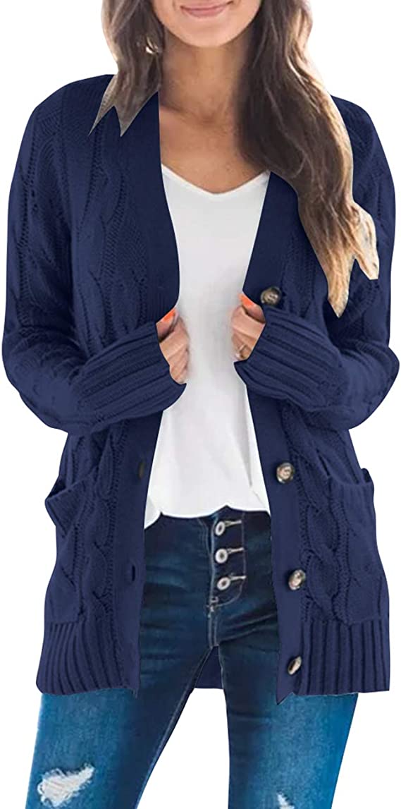 Navy Women's Long Sleeve Cable Knit Sweater Open Front Cardigan Button Loose Outerwear - MEROKEETY | Women's Cardigan