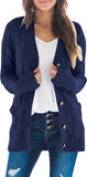 Navy Women's Long Sleeve Cable Knit Sweater Open Front Cardigan Button Loose Outerwear - MEROKEETY | Women's Cardigan