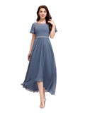 Women's Elegant A-line Short Sleeve High Low Chiffon Midi Bridesmaid Dress  - Sara Clothes