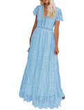 Lightblue Women's V Neck Short Sleeve Floral Lace Wedding Dress Bridesmaid Cocktail Party Maxi Dress - MEROKEETY | Women's Formal Dresses