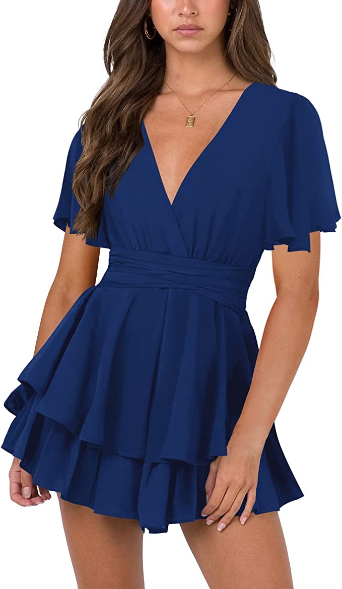 Blue Womens Sexy V Neck Long Baggy Sleeve Tie Waist Ruffle Hem Flowy Swing Mini Short Wrap Dress - Nova In Sky | Women's Casual Dresses