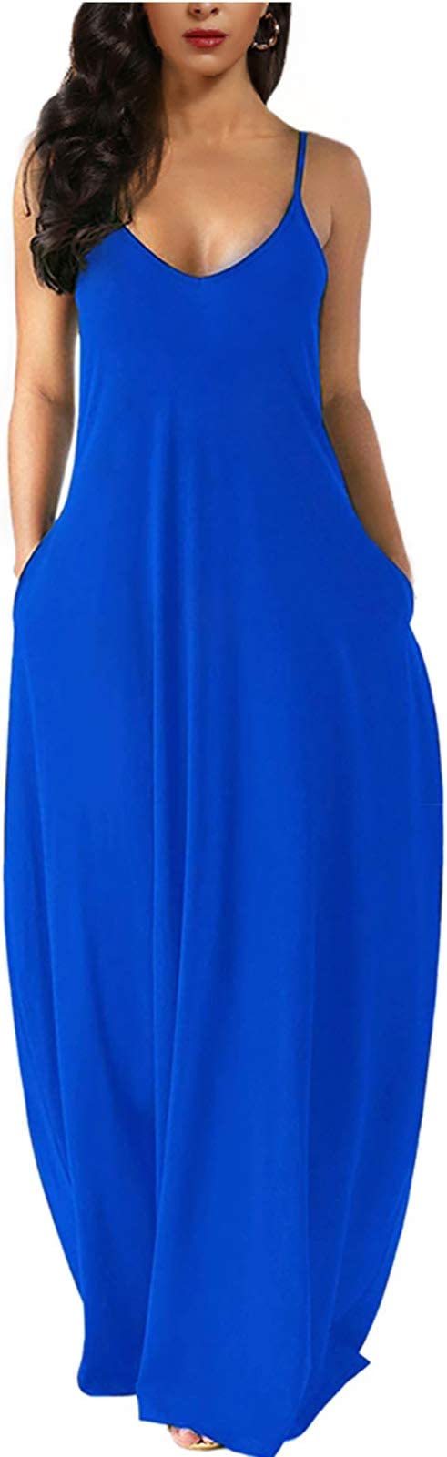 Blue Womens Casual Sleeveless Plus Size Loose Plain Long Maxi Dress with Pockets - Wolddress | Women's Casual Dresses