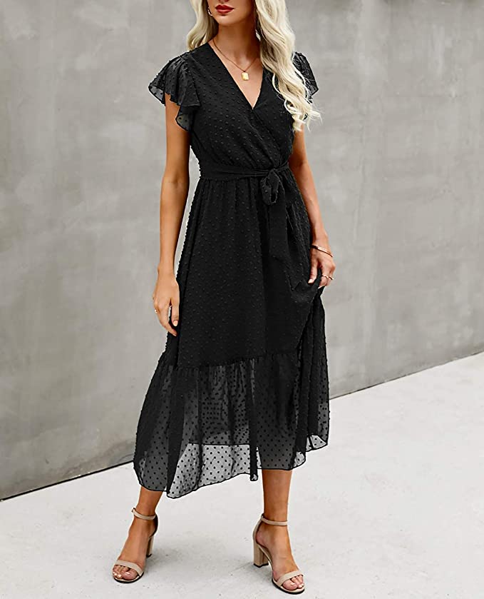 Swiss Dot Dark Green Women Summer Bohemian Floral Casual Wrap V Neck Ruffle Cap Sleeveless Belt A-Line Pleated Hem Swing Midi Sun Dress - BTFBM | Women's Casual Dresses